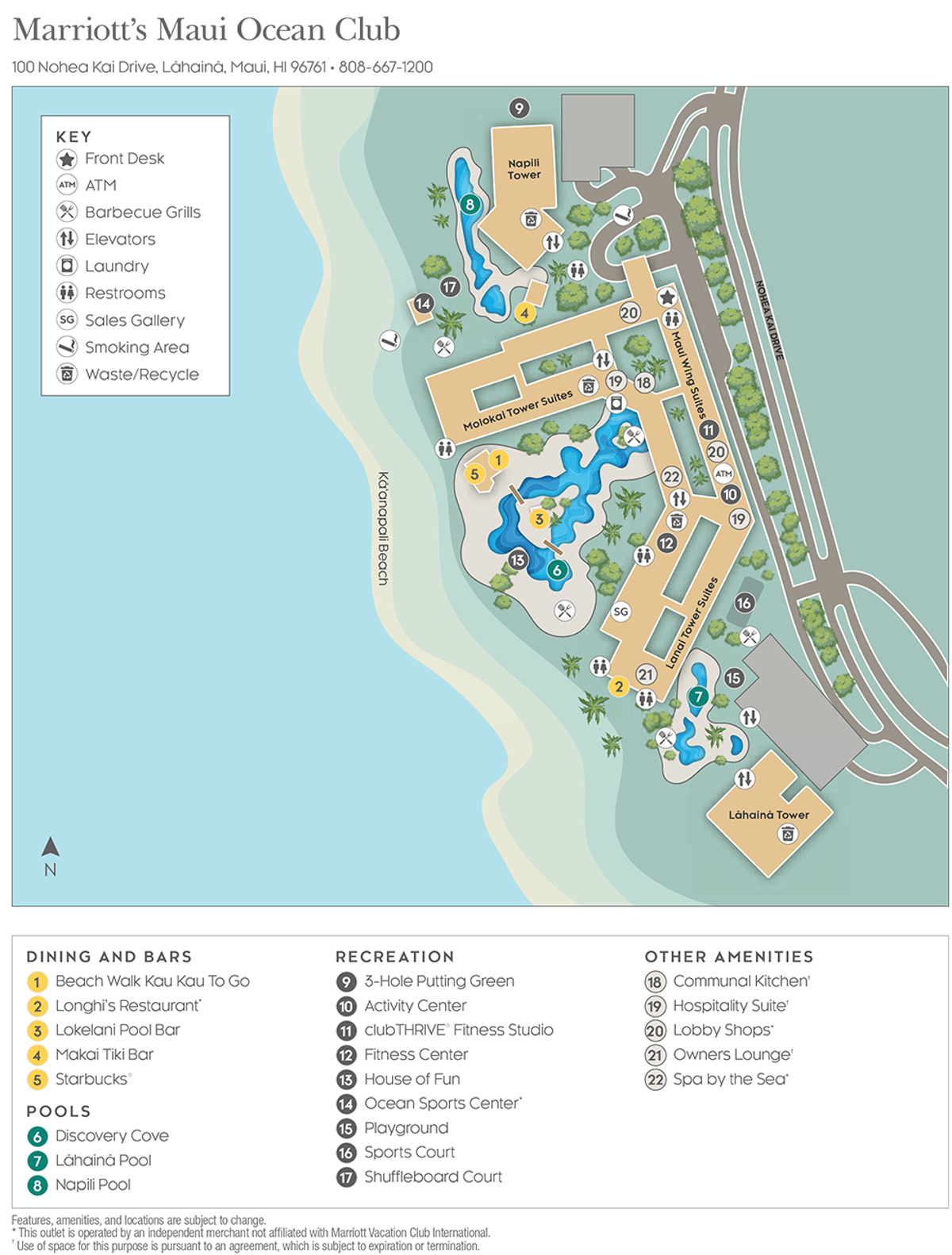 Resort site map for Marriott's Maui Ocean Club – Molokai, Maui, and Lanai Towers