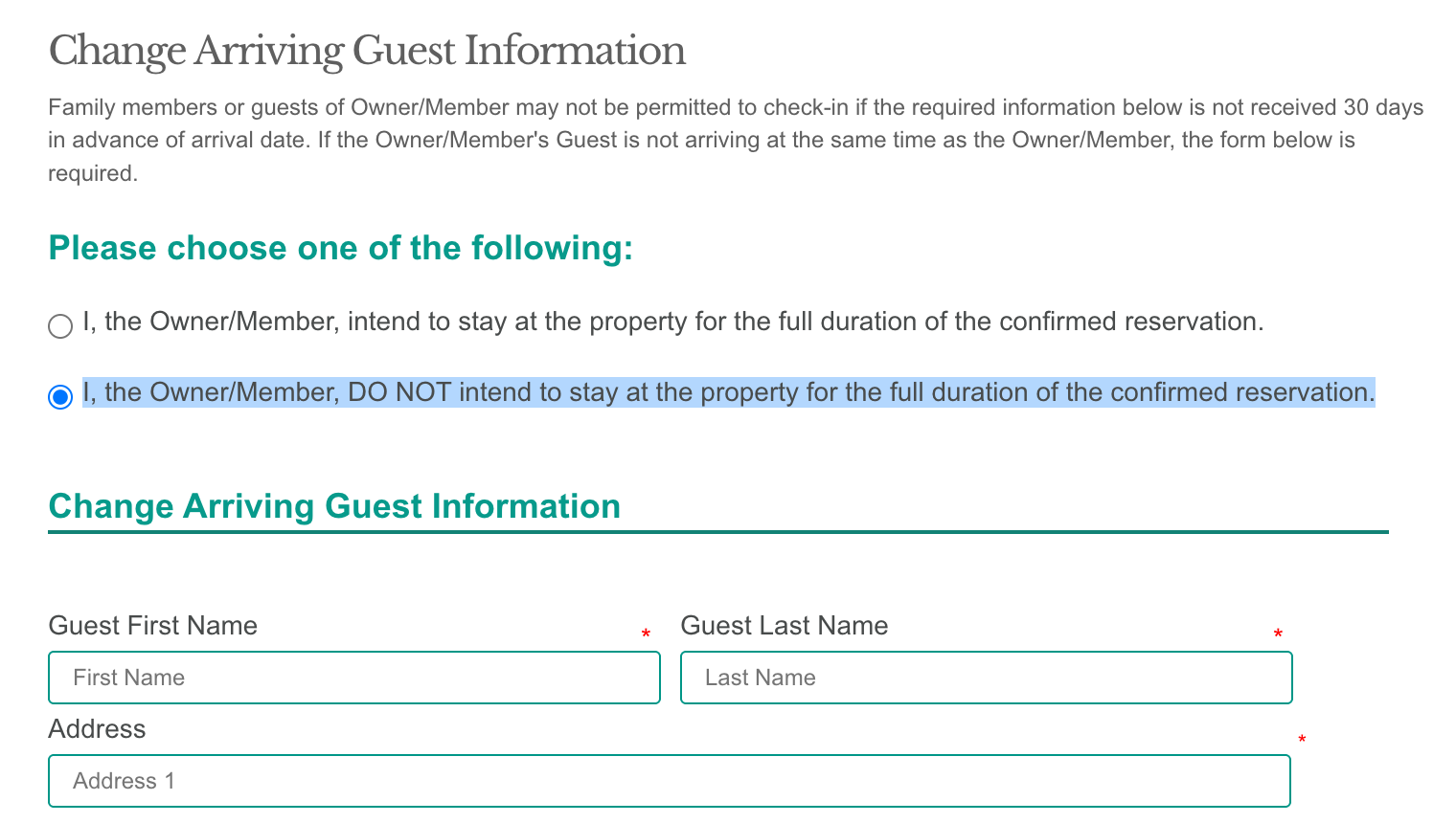 Marriott Vacation Club owner site 'Change Arriving Guest Information' form, with the 'I, the Owner/Member, DO NOT intend to stay' option selected and guest name fields below.